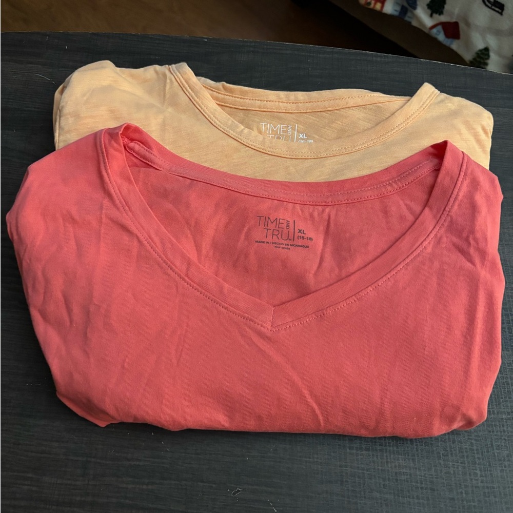 Time and Tru V-Neck and Crew Neck  Tees in Peach and Coral